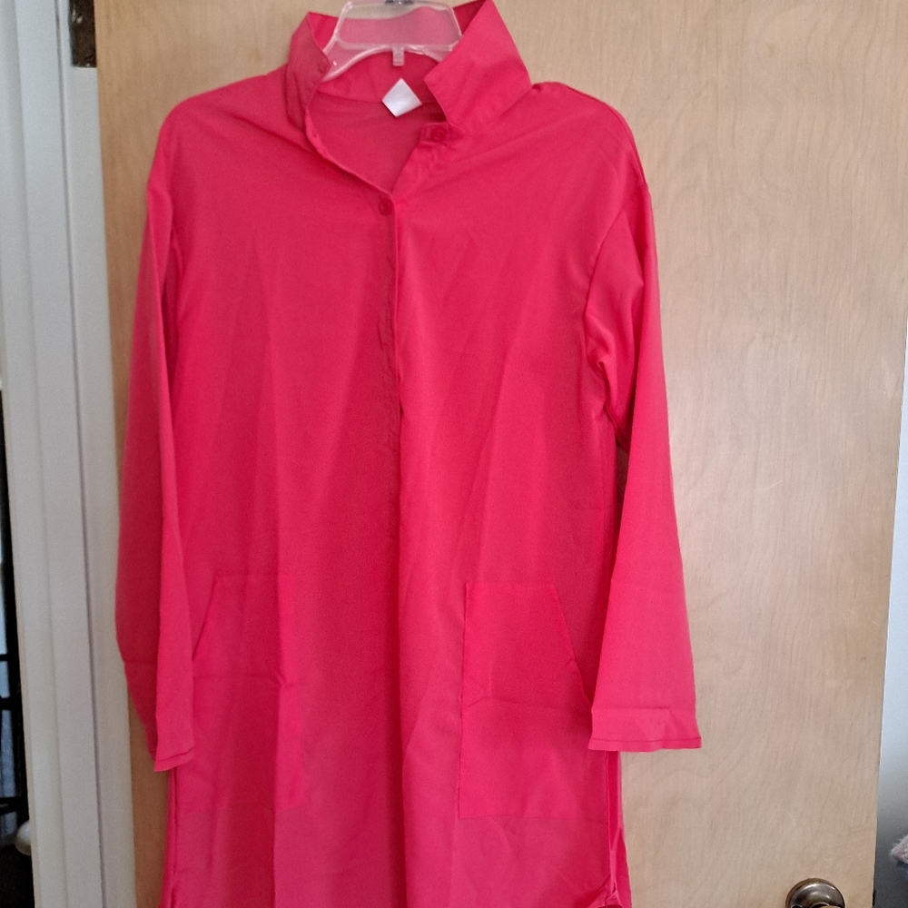 Women's NWT Summer Beach Shirt Dress Cover-up Loose Dress Coral Shrimp Color L.